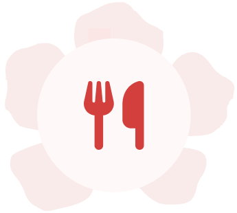 A red and white icon of a fork, knife and spoon.