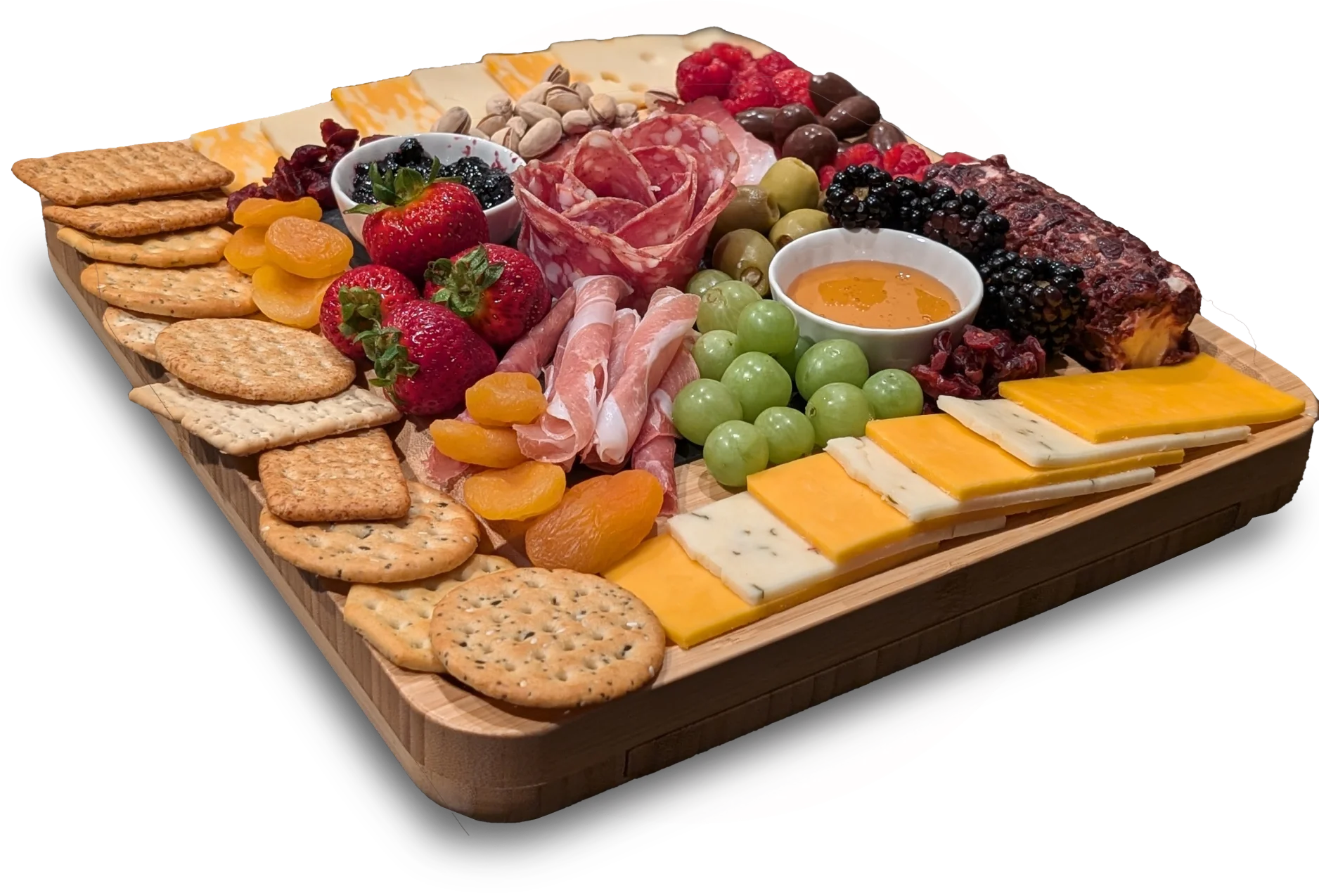 A platter of cheese, crackers and fruit.